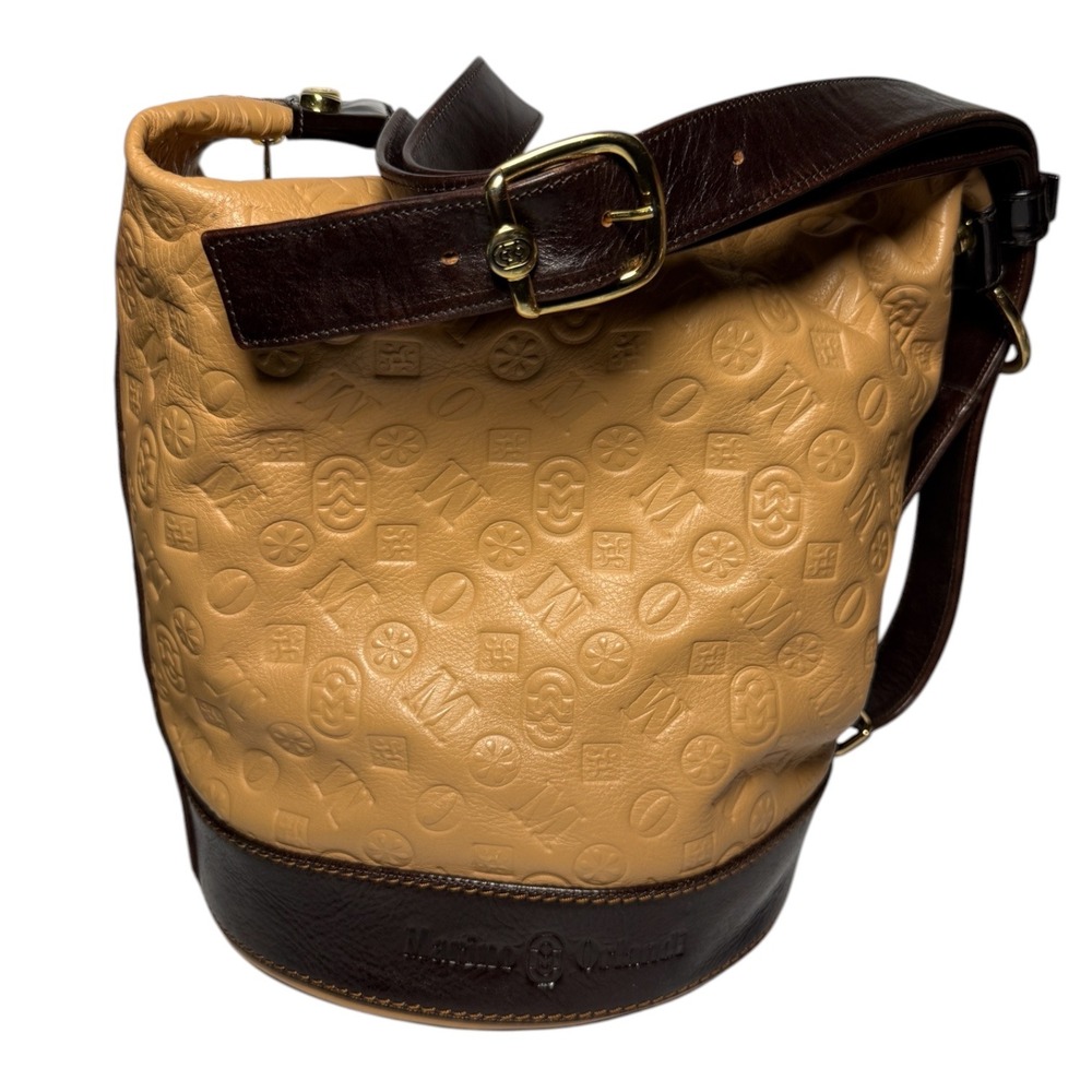 MARINO ORLANDI Vintage Italian Leather Bucket Bag Tan Embossed Monogram Y2K - Picture 10 of 16